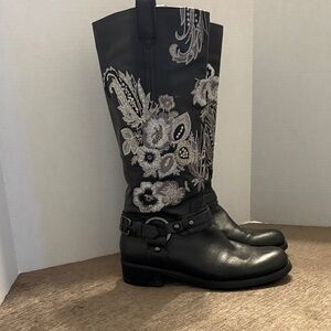 Embroidered Black Leather Boots
